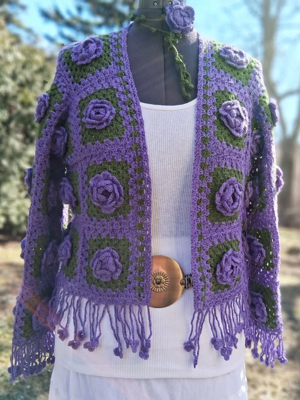 Purple 3D Floral Fringe Granny Square Sweater and Rose Wrap Choker M/L - Picture 8 of 12